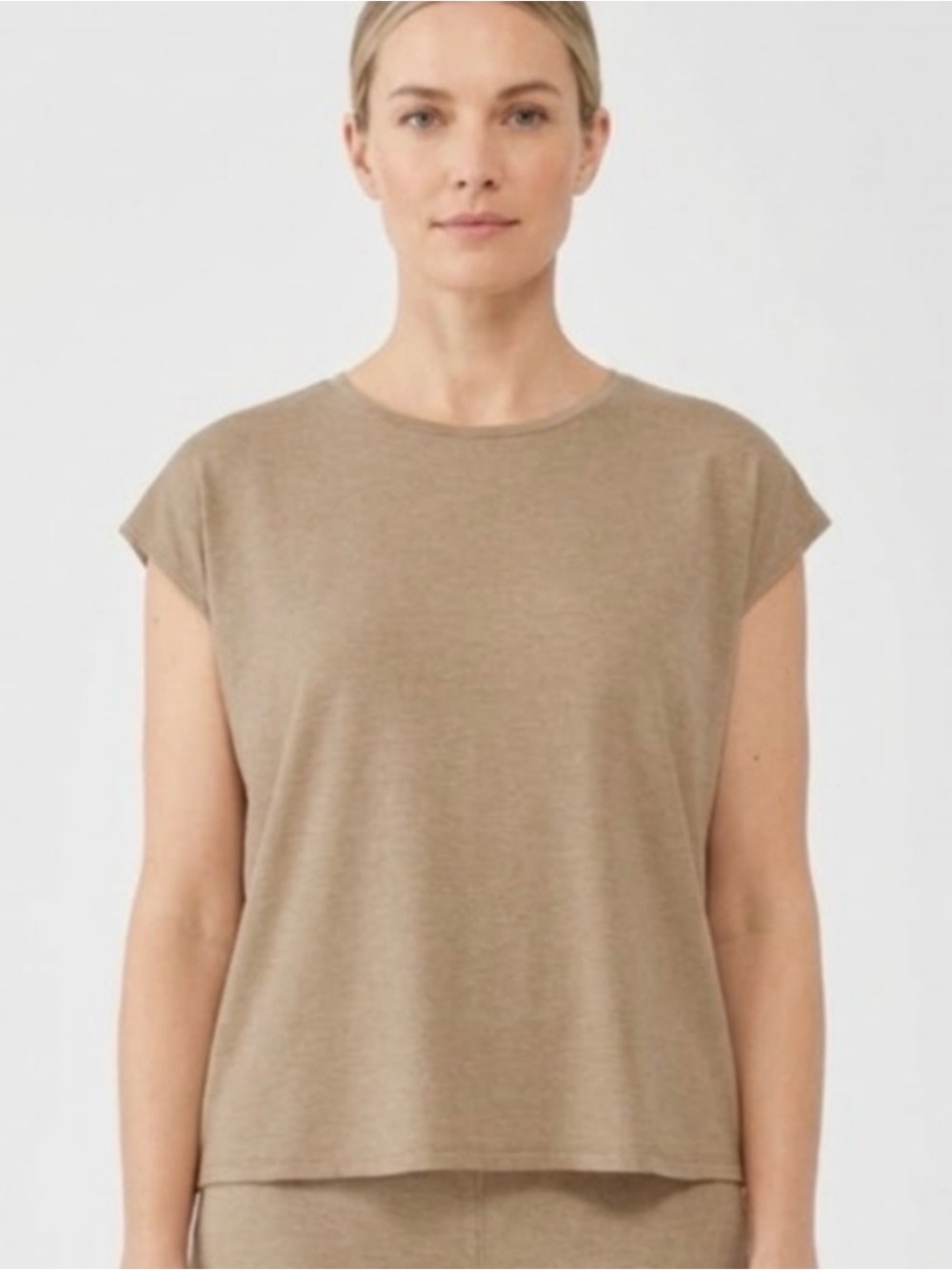 EILEEN FISHER • fine jersey shirred back short sleeve top Large- Large tan